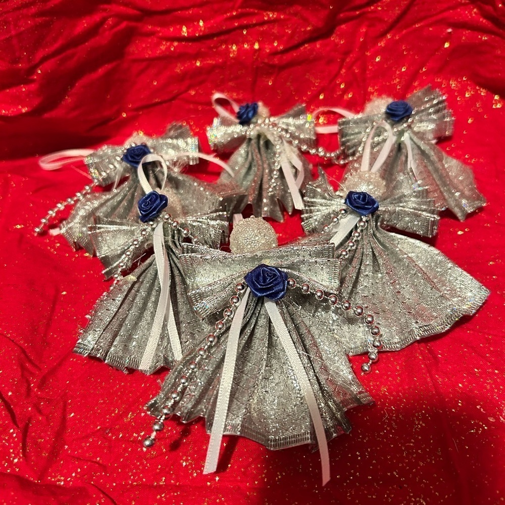 Handmade Silver Angel Ornaments with Blue Accents for a tree or gift topper